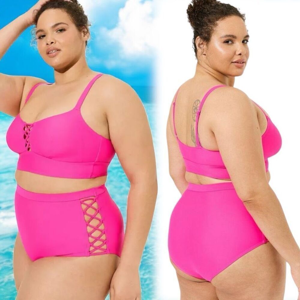 Torrid Pink Bikini Set: Wireless Strappy Lace Up Top & High Rise Bottoms 1 NWOT - Picture 3 of 16
